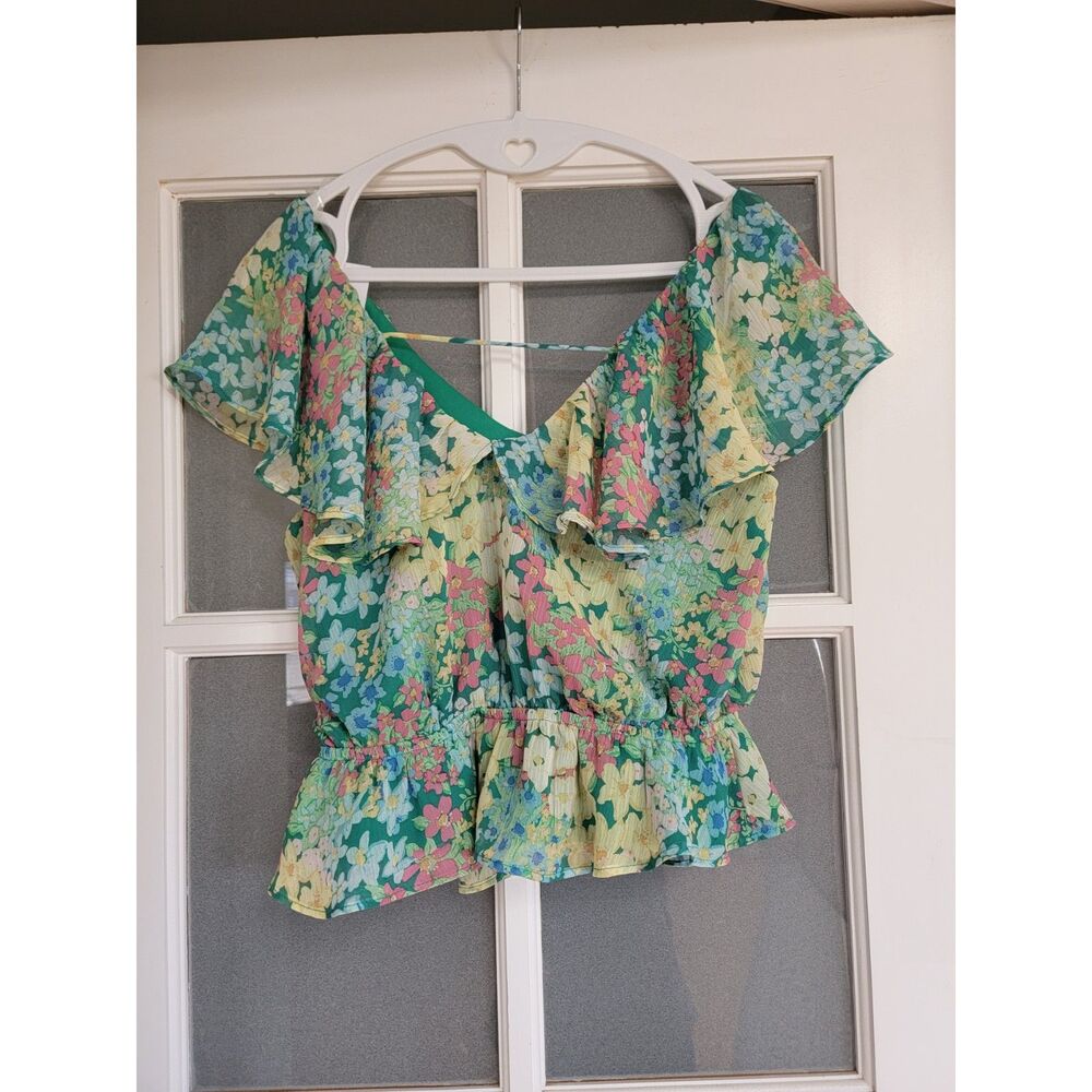 nwt Lush Floral Ruffle Peplum Blouse Green Multicolor Small S